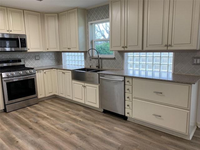 kitchen with stainless steel appliances, sink, and light wood-type flooring