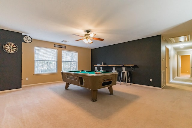 recreation room featuring ceiling fan, pool table, and light carpet