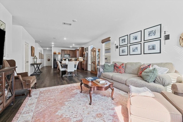 living room with dark hardwood / wood-style flooring