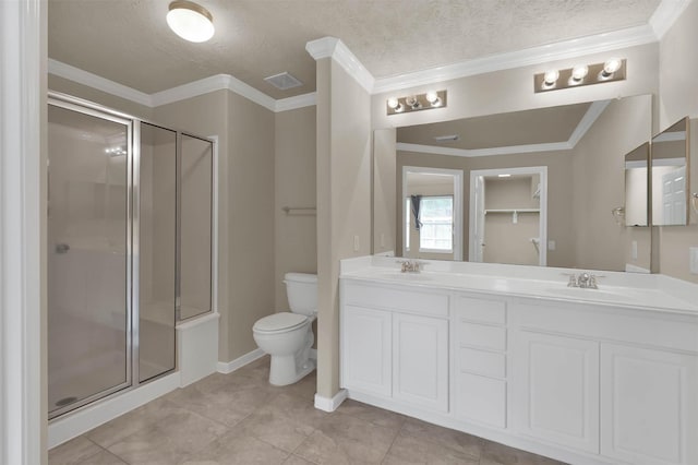 bathroom featuring walk in shower, tile patterned floors, toilet, crown molding, and a textured ceiling