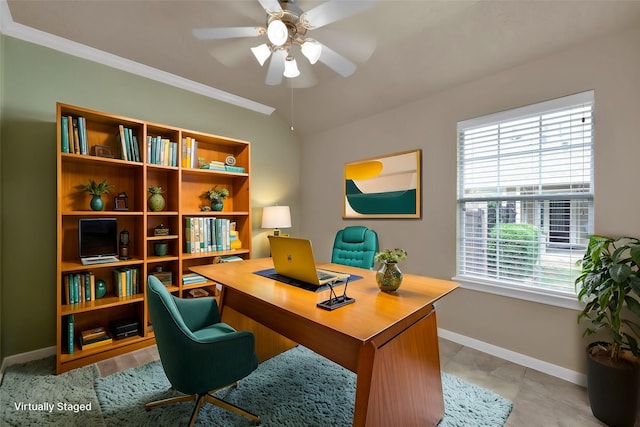 office with light tile patterned flooring, ceiling fan, lofted ceiling, and ornamental molding