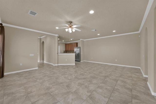 unfurnished living room with ornamental molding and ceiling fan