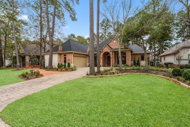 view of front of property with a garage and a front lawn