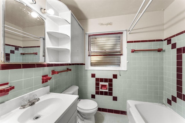 bathroom featuring tile walls, vanity, and toilet