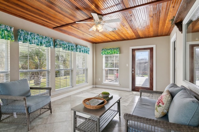 sunroom with wooden ceiling and ceiling fan