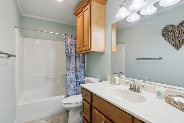 full bathroom featuring toilet, ornamental molding, vanity, shower / bath combo, and tile patterned flooring