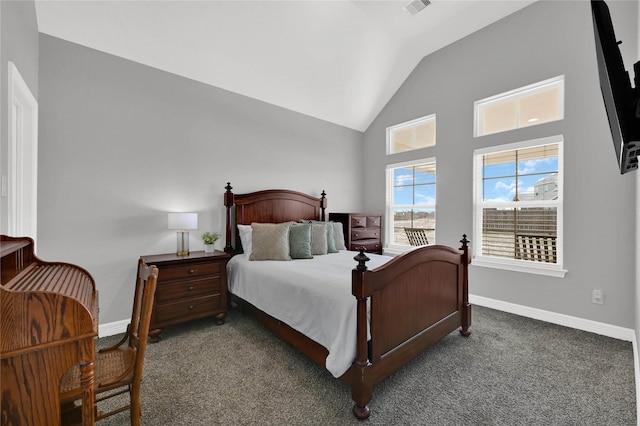 carpeted bedroom with lofted ceiling, visible vents, and baseboards