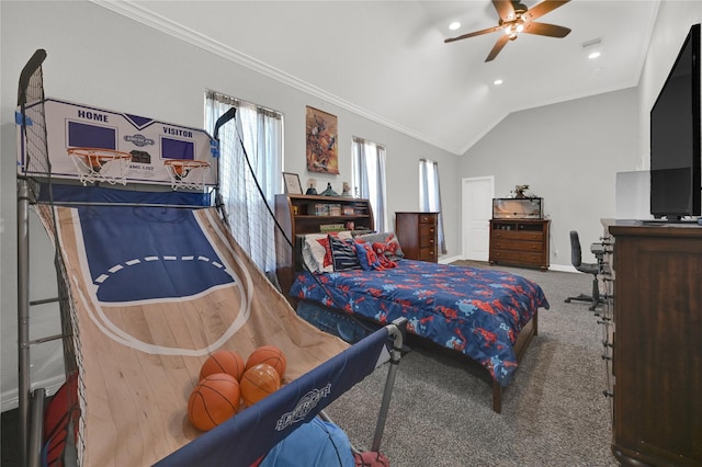 bedroom featuring baseboards, a ceiling fan, carpet, vaulted ceiling, and crown molding