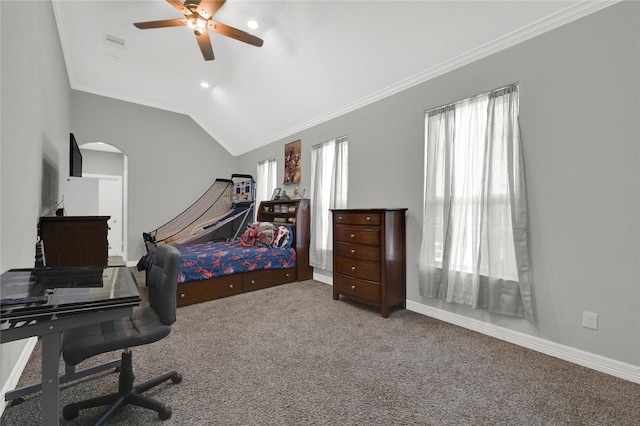 bedroom with visible vents, arched walkways, ornamental molding, carpet, and vaulted ceiling