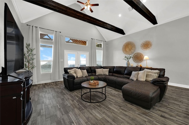 living area with beam ceiling, high vaulted ceiling, dark wood-type flooring, and ornamental molding