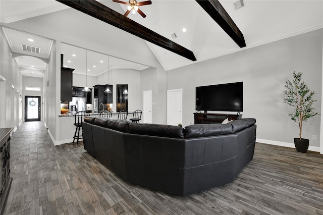 living room with high vaulted ceiling, dark wood-style flooring, visible vents, and beamed ceiling