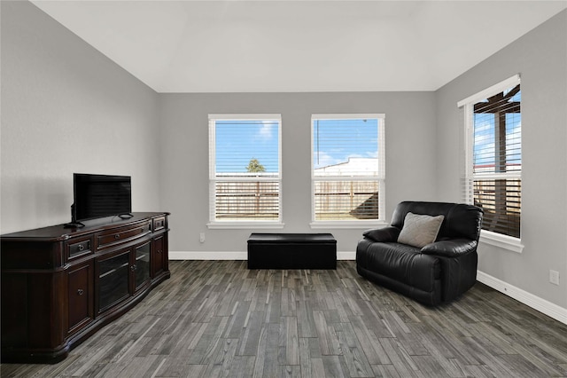 sitting room with dark wood-style floors, baseboards, and vaulted ceiling