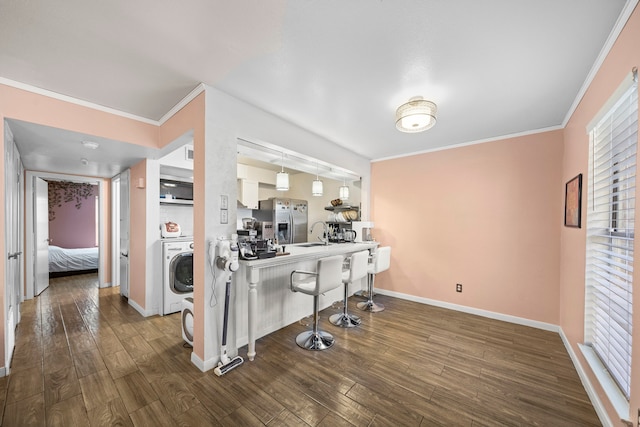 interior space featuring washer / clothes dryer, crown molding, dark wood-type flooring, and sink