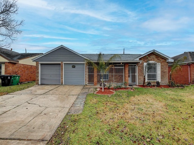 ranch-style home with a garage and a front yard