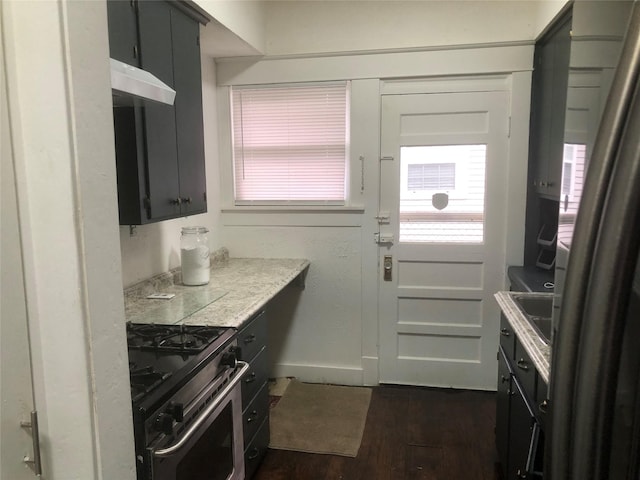 kitchen with appliances with stainless steel finishes, dark hardwood / wood-style flooring, and sink