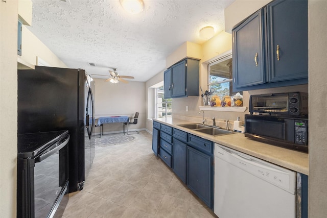 kitchen featuring blue cabinets, sink, a textured ceiling, and black appliances