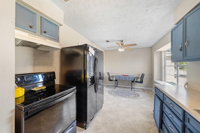 kitchen with light tile patterned flooring, blue cabinets, ceiling fan, black appliances, and a textured ceiling