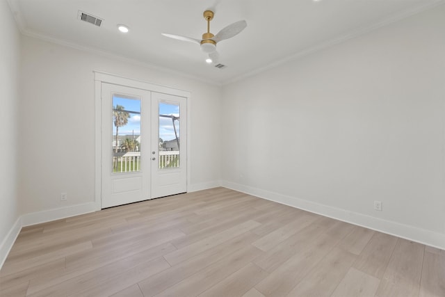 23015 Lunes, Galveston, TX 77554 - empty room with french doors, ornamental molding, light wood-style floors, a ceiling fan, and baseboards