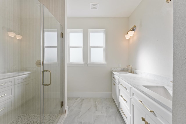 23015 Lunes, Galveston, TX 77554 - full bath with double vanity, a stall shower, and marble finish floors