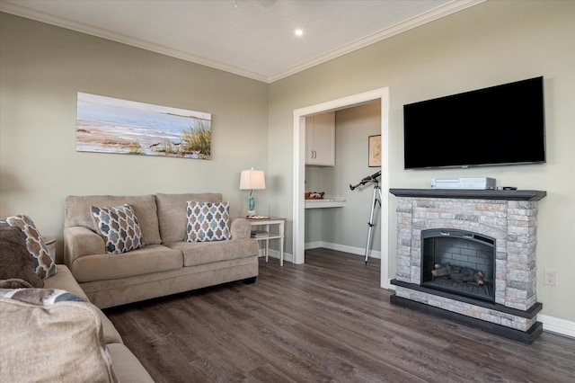 living room with crown molding, dark hardwood / wood-style flooring, and a fireplace