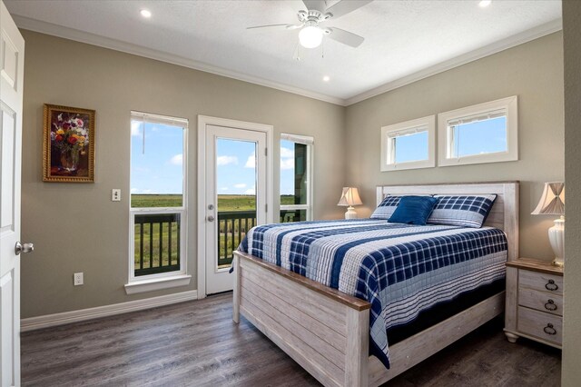 bedroom featuring crown molding, ceiling fan, dark hardwood / wood-style floors, and access to outside