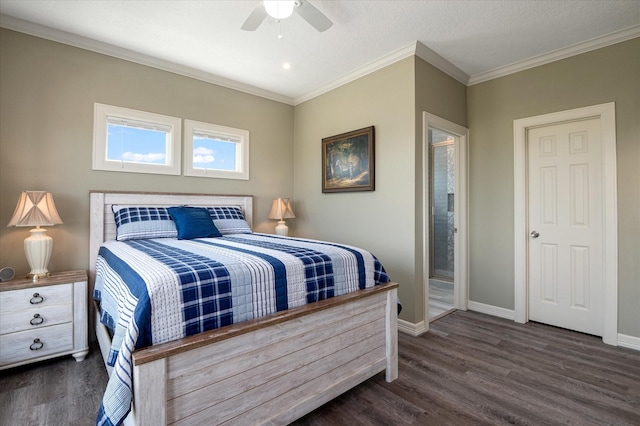 bedroom featuring crown molding, dark wood-type flooring, and ceiling fan