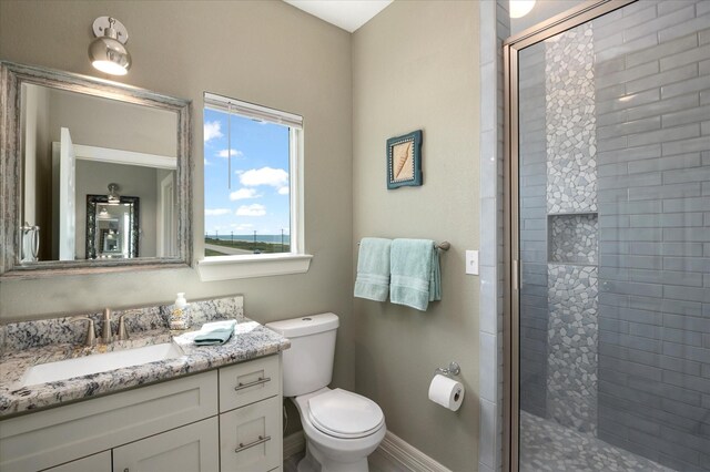 bathroom featuring vanity, toilet, and walk in shower