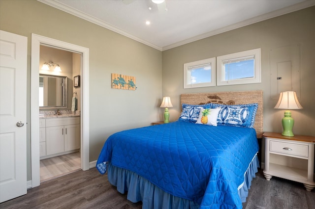 bedroom featuring sink, ceiling fan, ensuite bathroom, ornamental molding, and dark hardwood / wood-style flooring