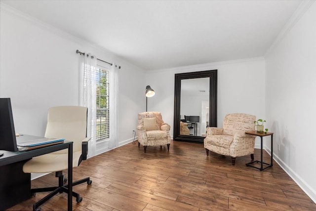 office space with hardwood / wood-style flooring and ornamental molding