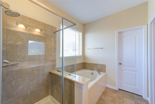 bathroom with plus walk in shower and tile patterned floors