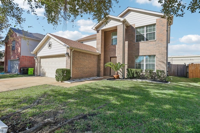 view of front of property featuring a garage and a front lawn