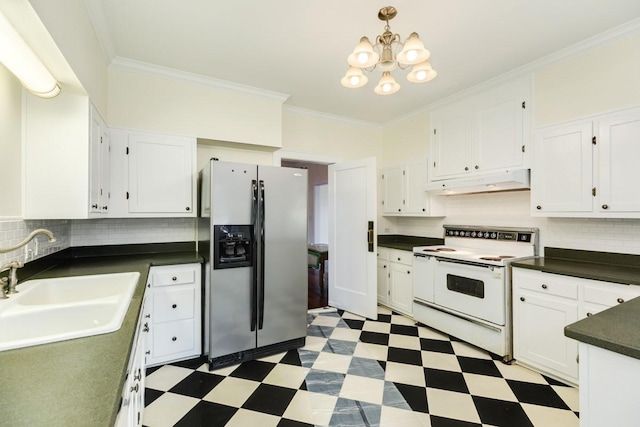 302 E Jackson St, West Columbia, TX 77486 - kitchen with sink, white cabinets, crown molding, white range with electric cooktop, and stainless steel refrigerator with ice dispenser