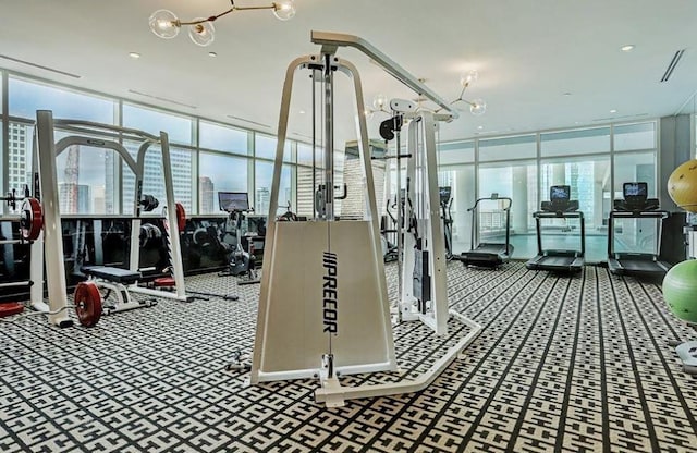 gym with carpet floors and floor to ceiling windows