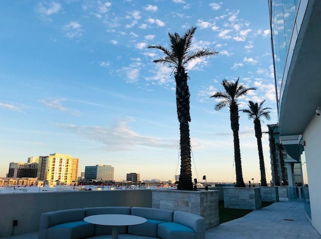 view of patio terrace at dusk