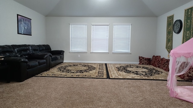 carpeted living room with vaulted ceiling