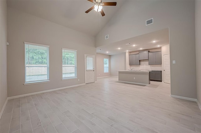 unfurnished living room with light hardwood / wood-style flooring, plenty of natural light, high vaulted ceiling, and ceiling fan