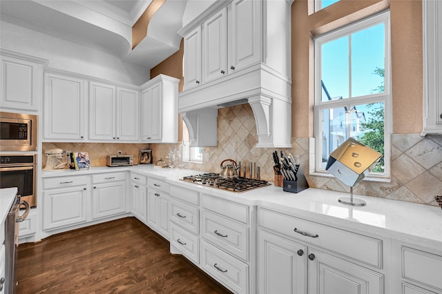 kitchen with tasteful backsplash, appliances with stainless steel finishes, dark hardwood / wood-style flooring, white cabinets, and a high ceiling