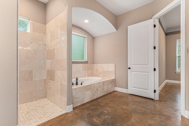 bathroom featuring concrete flooring and separate shower and tub