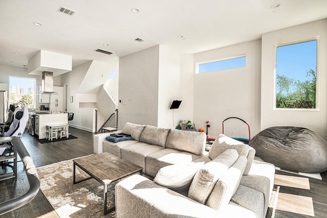 living room featuring dark wood-type flooring