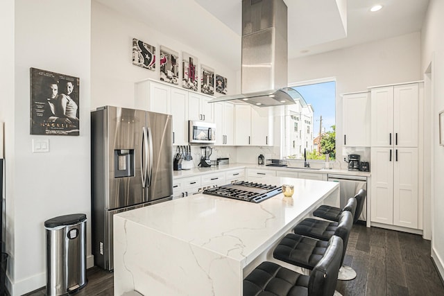 kitchen with white cabinetry, dark hardwood / wood-style flooring, island exhaust hood, stainless steel appliances, and light stone countertops