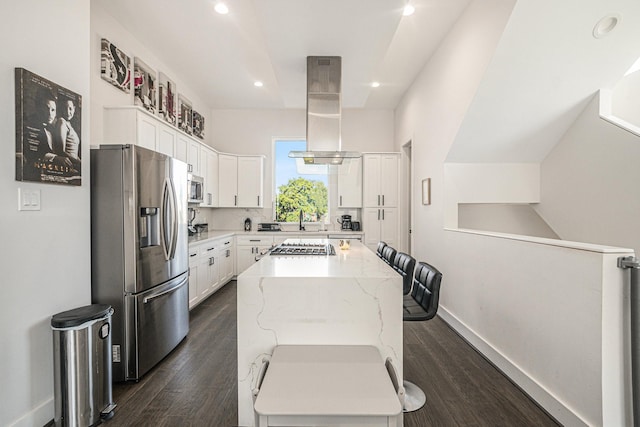 kitchen with white cabinetry, island exhaust hood, a center island, stainless steel appliances, and light stone countertops