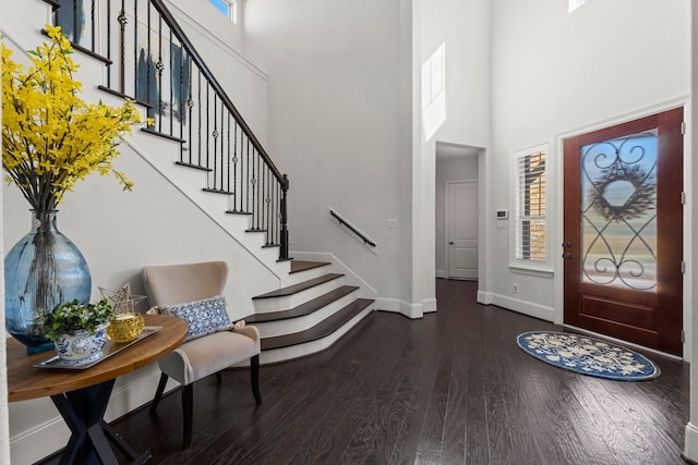 foyer entrance with a high ceiling and dark hardwood / wood-style flooring