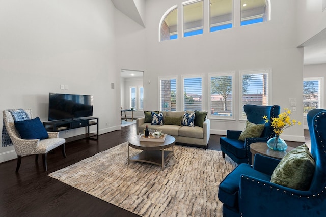 living room with dark hardwood / wood-style floors and a high ceiling