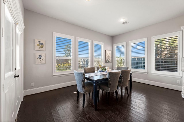 dining area featuring dark wood-type flooring and plenty of natural light