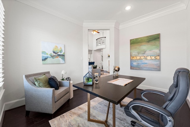 home office featuring crown molding, ceiling fan, and dark hardwood / wood-style flooring