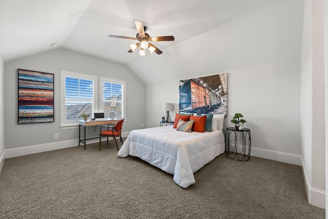 carpeted bedroom featuring ceiling fan and vaulted ceiling