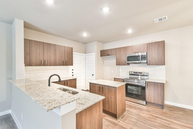 kitchen with sink, backsplash, stainless steel appliances, a kitchen island, and kitchen peninsula