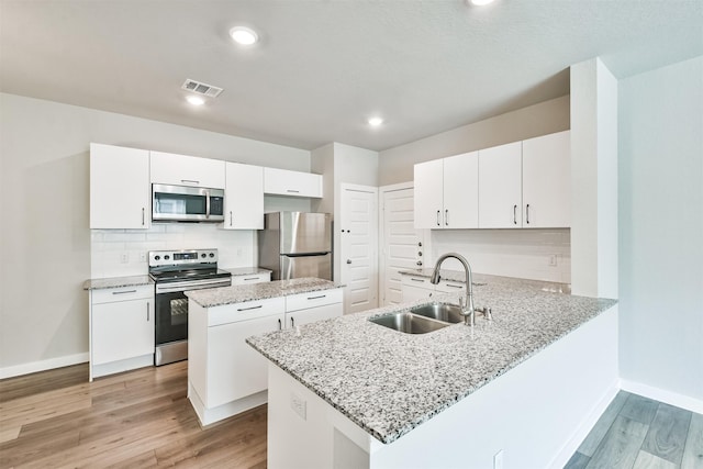 kitchen with sink, appliances with stainless steel finishes, white cabinets, a kitchen island, and kitchen peninsula