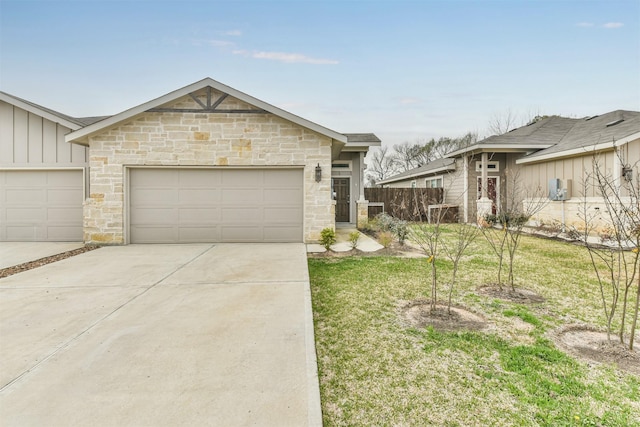 ranch-style home with a garage and a front lawn