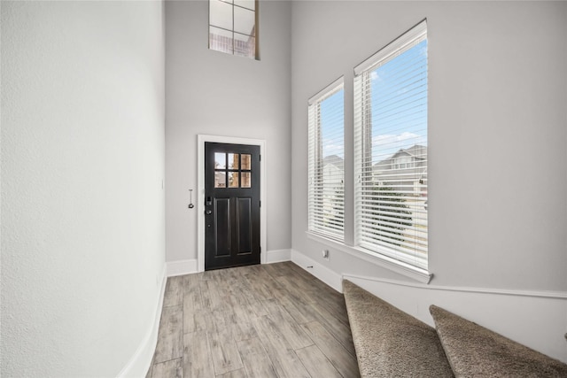 entryway featuring light hardwood / wood-style flooring and a high ceiling